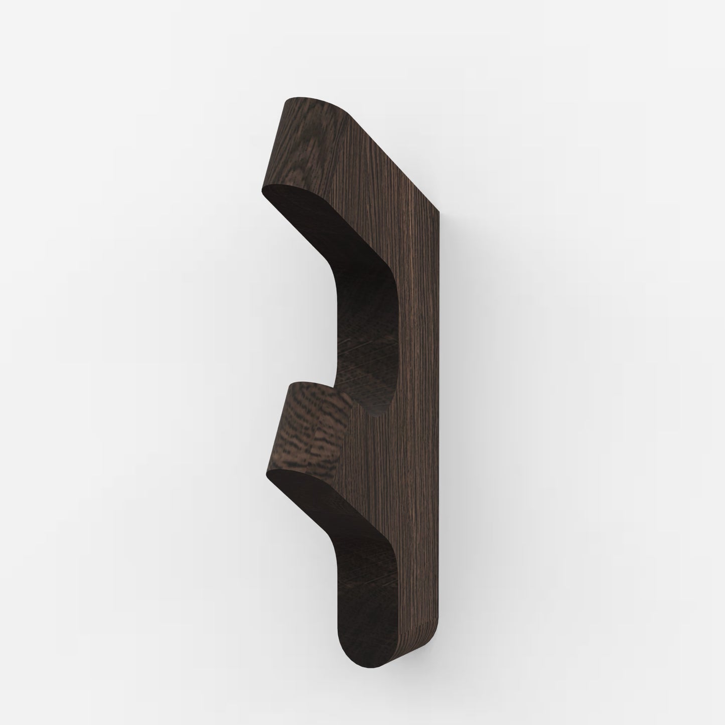 BeOak Tvar wood wall hook for coats in dark brown European solid oak finish, for two coats, with invisible wall-mount hardware.
