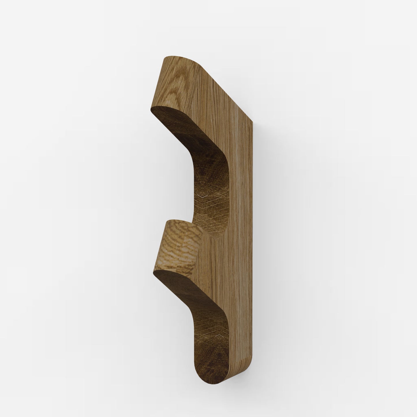 BeOak Tvar wood wall hook for coats in light brown European solid oak finish, for two coats, with invisible wall-mount hardware.