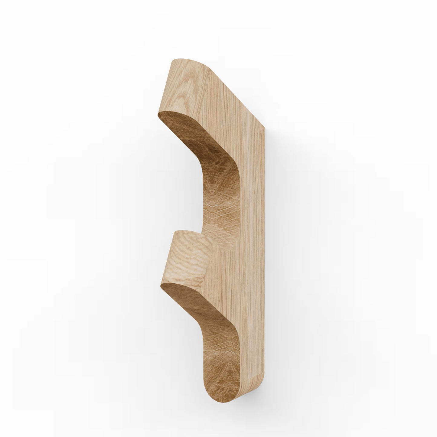 BeOak Tvar wood wall hook for coats in natural European white oak finish, for two coats, with invisible wall-mount hardware.