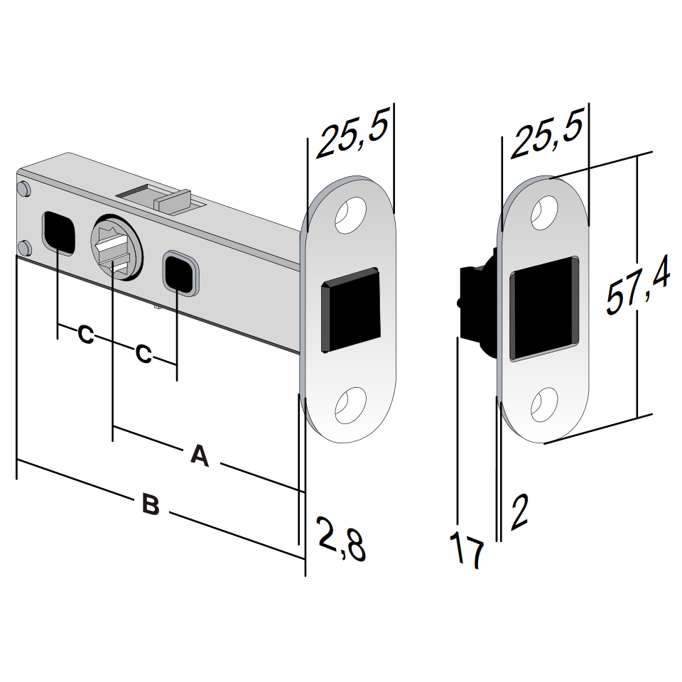 Bonaiti LATCH magnetic lock for interior doors - Technical drawing and dimensions (in mm) for version Bonaiti Latch Mod. L66T with round edge and striking plate Mod. K17