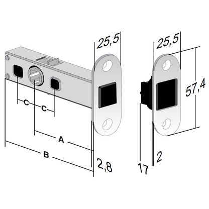 Bonaiti LATCH magnetic lock for interior doors - Technical drawing and dimensions (in mm) for version Bonaiti Latch Mod. L66T with round edge and striking plate Mod. K17