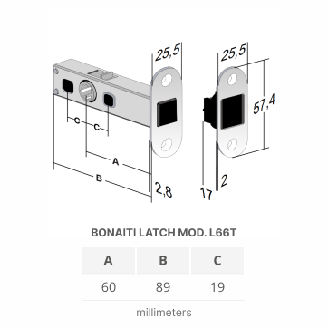 Bonaiti LATCH Mod. L66T version of the magnetic door lock for interior doors - showing size, faceplate dimensions and thickness, and backset of 60 mm. For European door levers with 38 mm spacing for rose fixing screws.