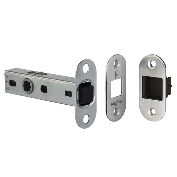 Bonaiti LATCH magnetic passage door lock with magnetic striker for interior doors, model with round edge (oval shape). Modello MOD. L66T with K17 striking plate.