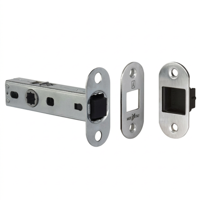 Bonaiti LATCH magnetic passage door lock with magnetic striker for interior doors, model with round edge (oval shape). Modello MOD. L66T with K17 striking plate.