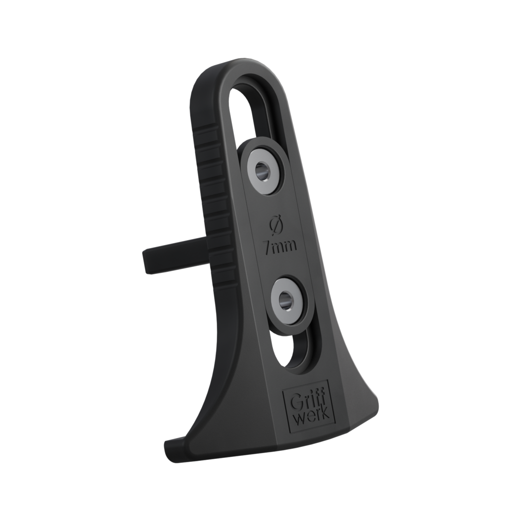 Drill Jig by Griffwerk helps drill holes for connecting rods used with European door locks and European door levers.