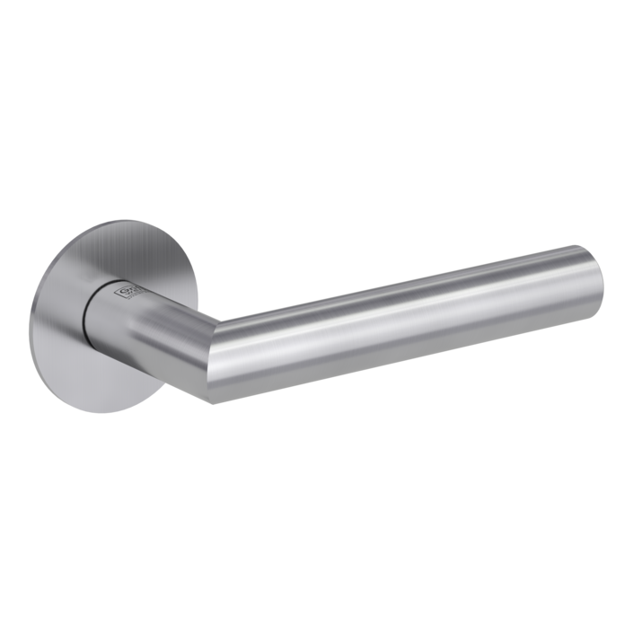 Griffwerk Lucia Piatta S architectural door handle in satin stainless steel finish, with thin escutcheon (round rosette).
