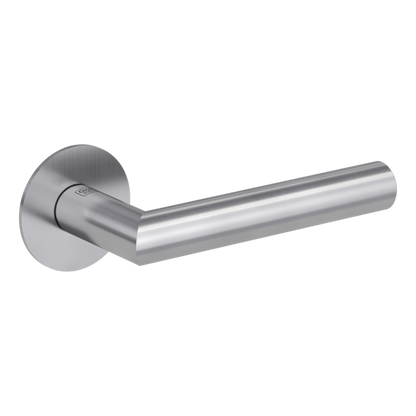 Griffwerk Lucia Piatta S architectural door handle in satin stainless steel finish, with thin escutcheon (round rosette).