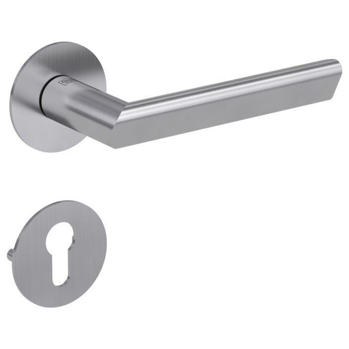 Stainless steel door handle by Griffwerk Germany. Model TRI 134 Piatta S with flat (minimalistic) escutcheon (rosette), with an ergonomically shaped lever, and with the bottom keyed rosette (for Euro PZ key cylinder).