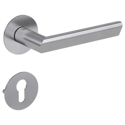 Stainless steel door handle by Griffwerk Germany. Model TRI 134 Piatta S with flat (minimalistic) escutcheon (rosette), with an ergonomically shaped lever, and with the bottom keyed rosette (for Euro PZ key cylinder).