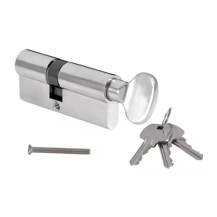MPK Euro Profile Cylinder with a 30/35 mm split and a thumbturn, in matte nickel finish.