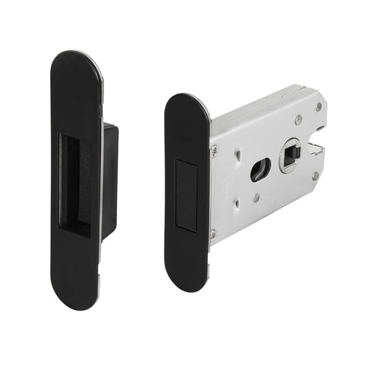MPK Design Mini magnetic lock with a flush-mount magnetic striker, oval shape, in black finish, with mounting holes for Euro specs door levers.