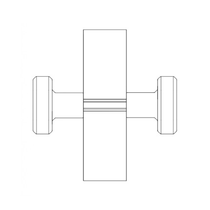 Technical drawing of a set of fixed door knobs installed as dummy door knobs (non-rotational, non-turning), connected with a fixed spindle through a ½" hole (12 mm, 0.47 inch). Model shown: Verum Cham by VERUM ITALY, distributed in North America by Angelbau.