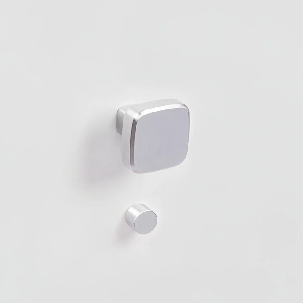 Contemporary Italian square satin chrome (visually silver, similar to stainless steel finish) door knob for interior doors with privacy locking - Product name: Verum Cham Satin Cromo with a matching Punto privacy thumb turn. Made by VERUM ITALY.