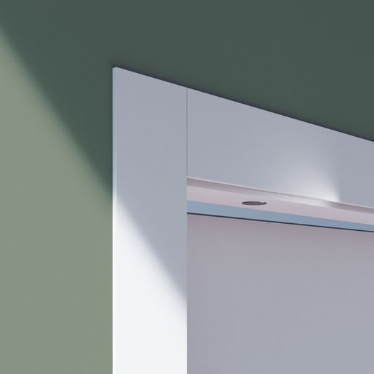 Verum Stoppino Close recessed magnetic latch for interior doors installed in a white door jamb header.