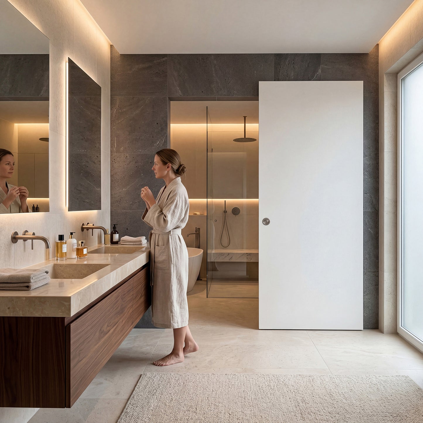 White trackless modern barn door with a satin nickel round recessed pull is featured in a modern bathroom with large-format wall tiles and indirect LED lighting. Sliding barn door system, designed and made in Germany, is called Wingburg Invisible, and features a soft-close function on both sides.