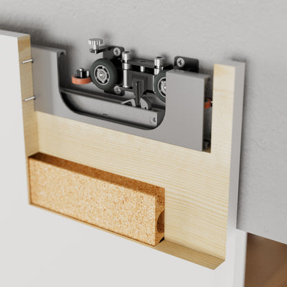 Top track detail of the Wingburg Invisible Sliding Barn Door System, a trackess wall-mounted system for modern barn door installations.
